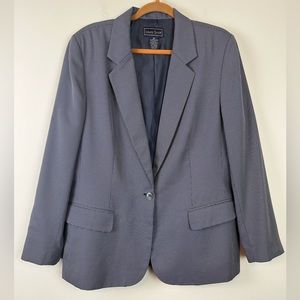Laura Scott One Button Blazer Jacket Navy Blue Gray Print Size 18